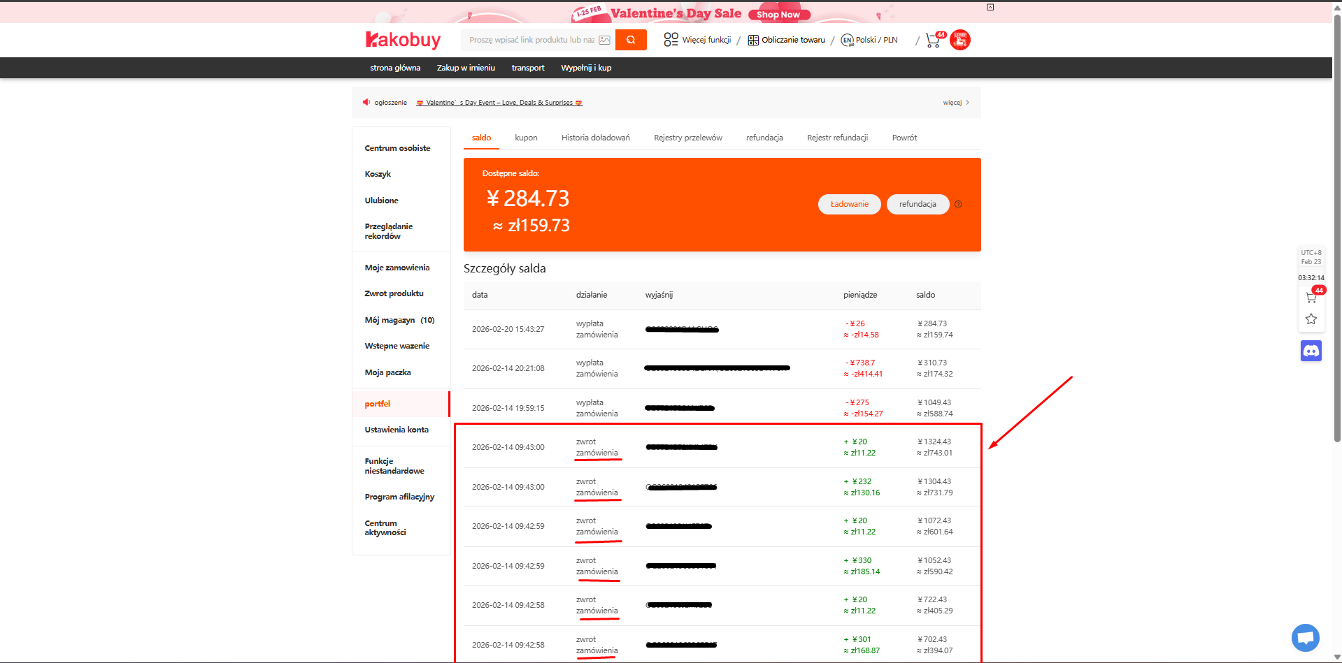 Balance history in Kakobuy